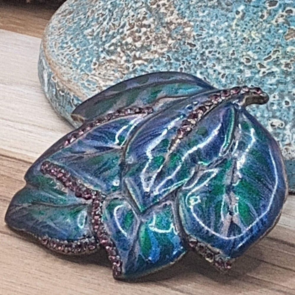Vintage Chicos Leaf Pendant Blue Iridescent Enamel and Purple Rhinestone
